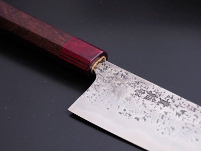 Photo2: [KISUKE] Santoku (chef's knife about 165mm brade, ATS-34 stainless / stainless Warikomi, Red sandalwood Handle)