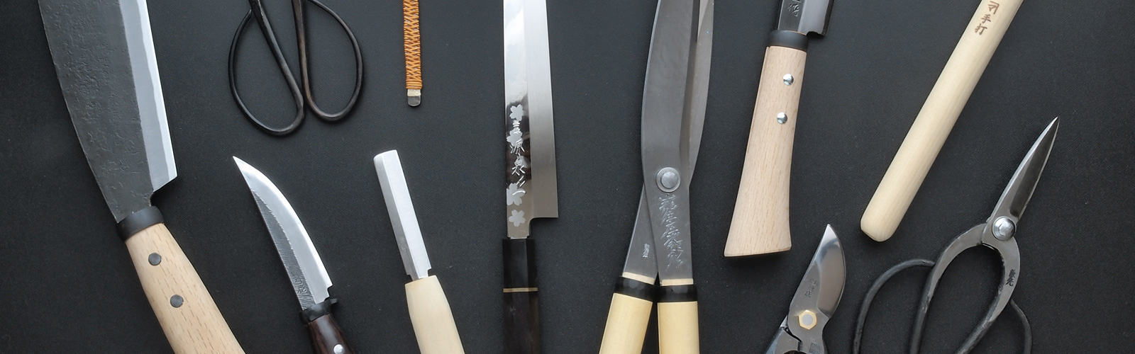 Japanese kitchen knives and pruner, secateurs, edged tools Blacksmith's items.