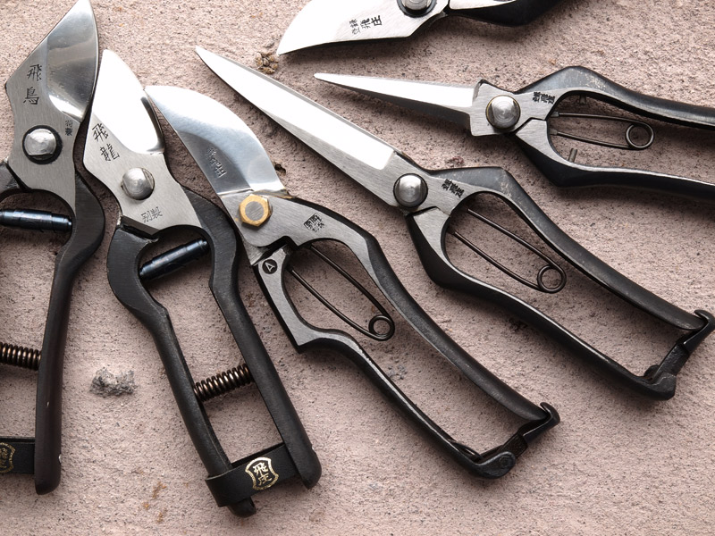 Tobisho handcrafted tools from left to right: Asuka, Hiryu, A-type 200mm, Pine needle pruners, Snipping pruners, and B-type.